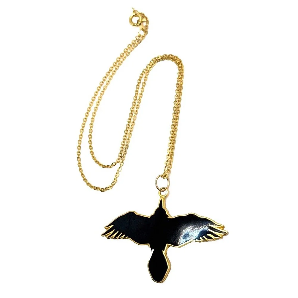 Vintage 1990 Wm Spear Design Black Bird Pendant Necklace Cloisonne Enamel 16